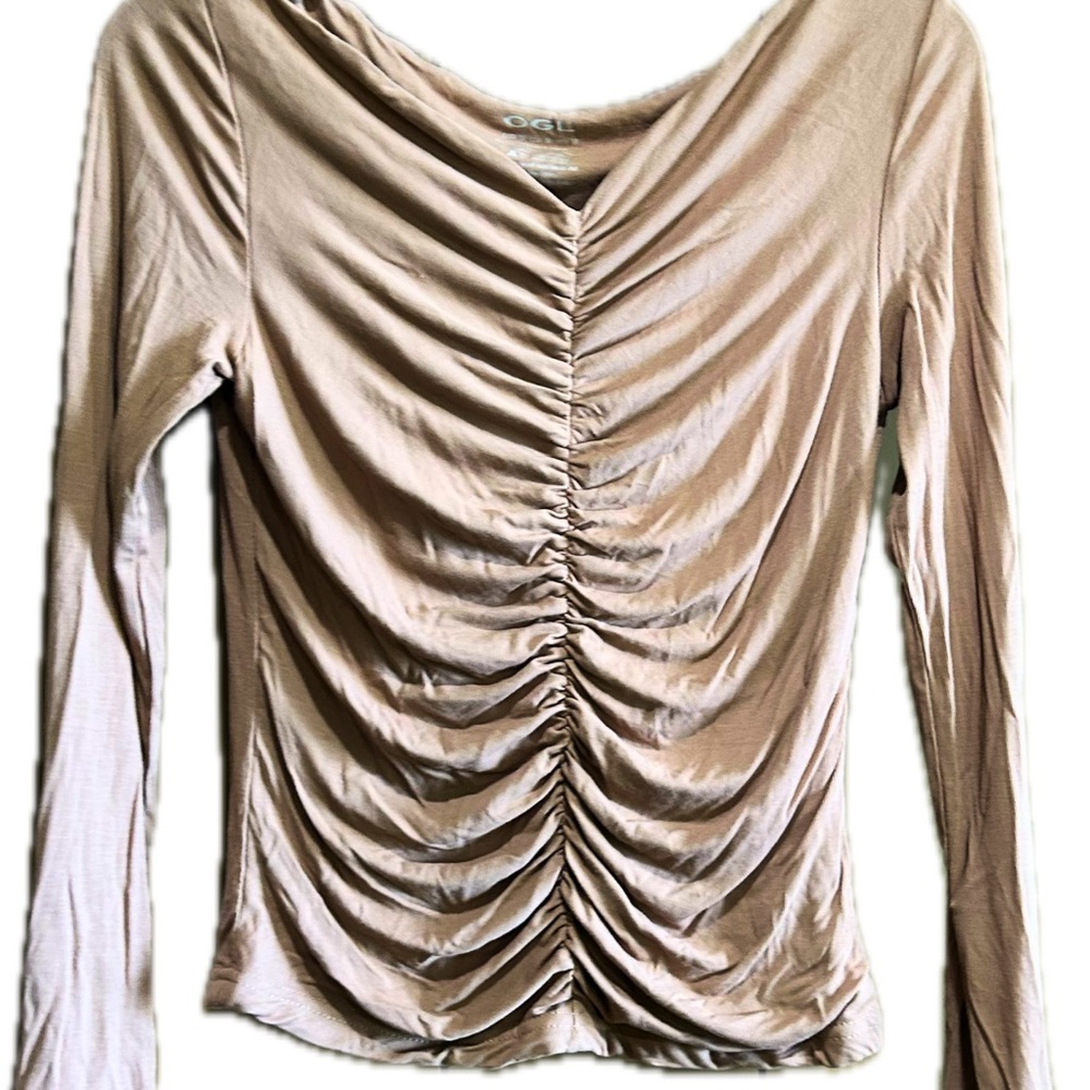 OGL Ruched Long Sleeve Blouse in Beige